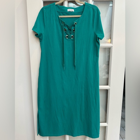 Calvin Klein Teal Lace-Up Shift Dress Stretchy Pullover Style Women’s Size Large - Picture 12 of 12